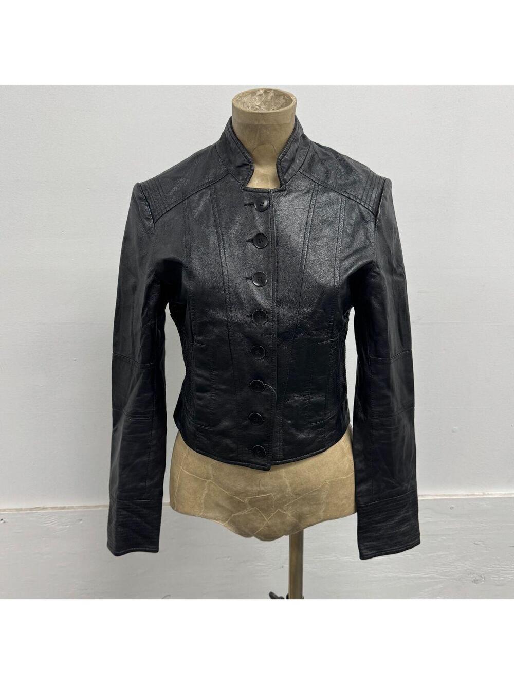Vintage Black High Neck Cropped Victorian Cut Leather Jacket